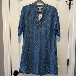 Denim printed chambray lace up elbow length dress NWT L cottagecore nautical